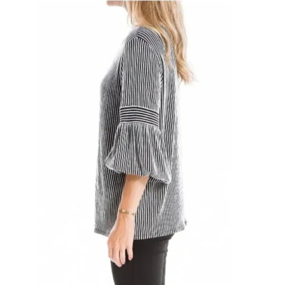 Max Studio Striped 3/4 Sleeve Tunic Top Black Ivory - Picture 2 of 14